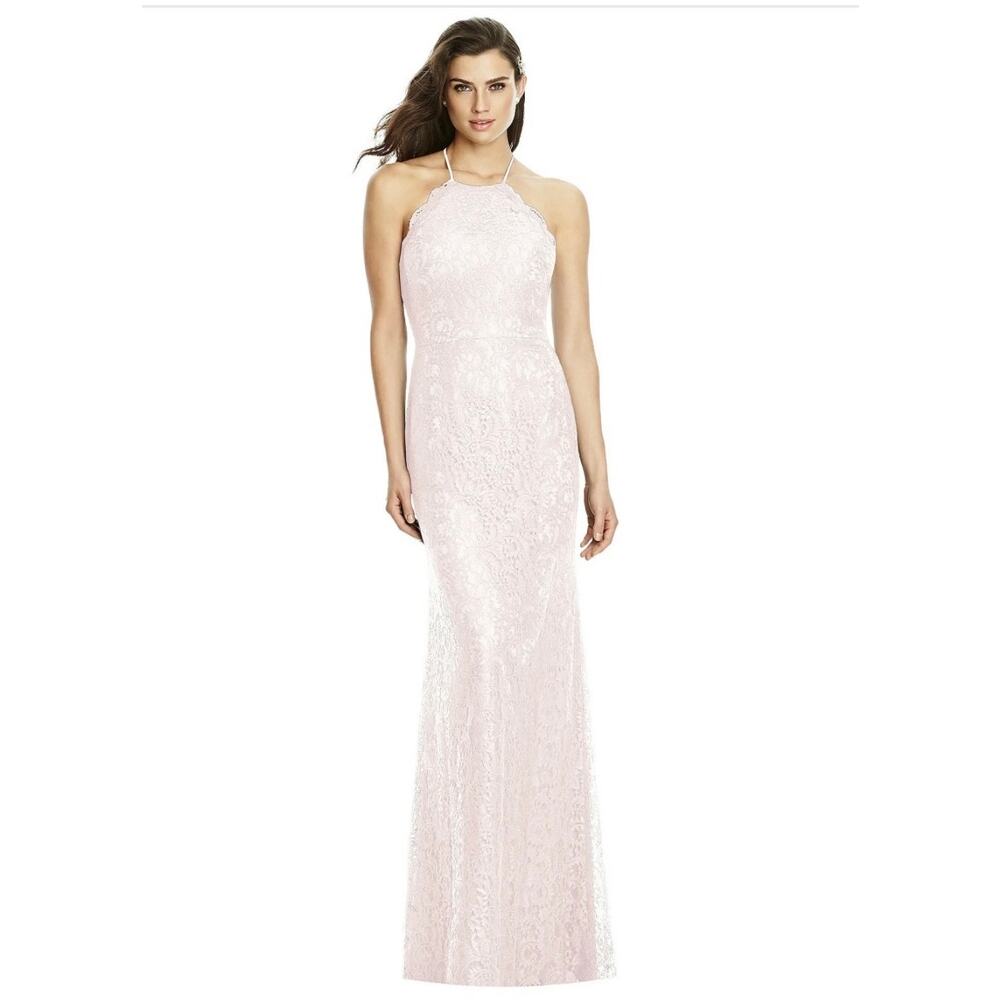 NWT Dessy Halter Criss Cross‎ Open-Back Lace Trumpet Gown in Blush Sz 6
